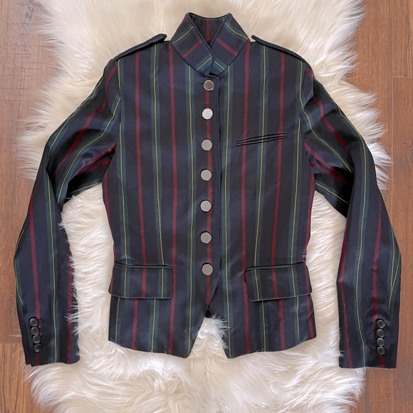 Shanghai Tang SIZE 2 (XS) Stripe Mandarin Blazer Jacket Navy - Picture 1 of 17